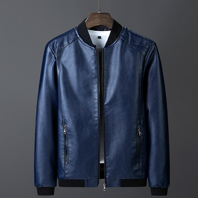 Men's smooth leather look bomber jacket with stand-up collar, zippered pockets, and elastic cuffs Chichicherry
