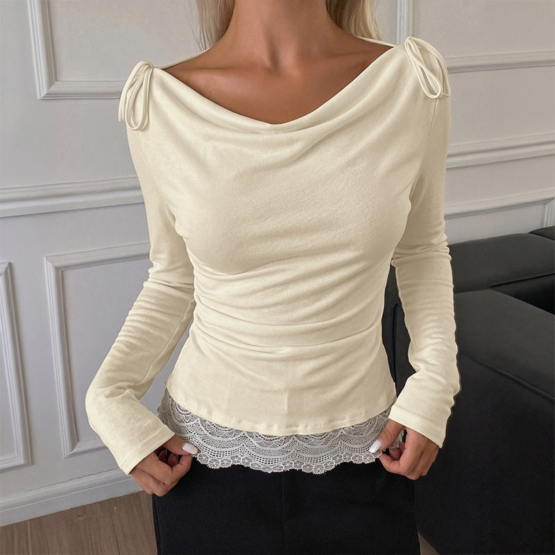 Women's Long Sleeve Top with Waterfall Neckline, Shoulder Straps and Lace Trim Chichicherry