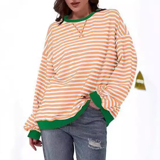 Women Striped Oversized Sweater with Contrast Cuffs Chichicherry