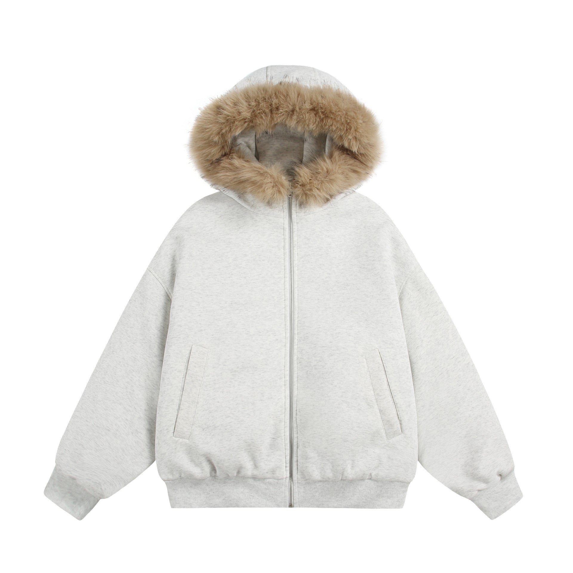 Women's Short Boxy Hooded Blouson made of French Terry with voluminous Faux Fur Edging Chichicherry