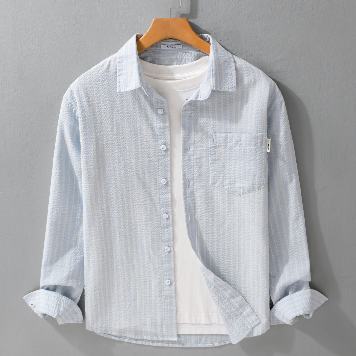 Men Striped Relaxed Overshirt made of textured cotton blend with chest pocket Chichicherry