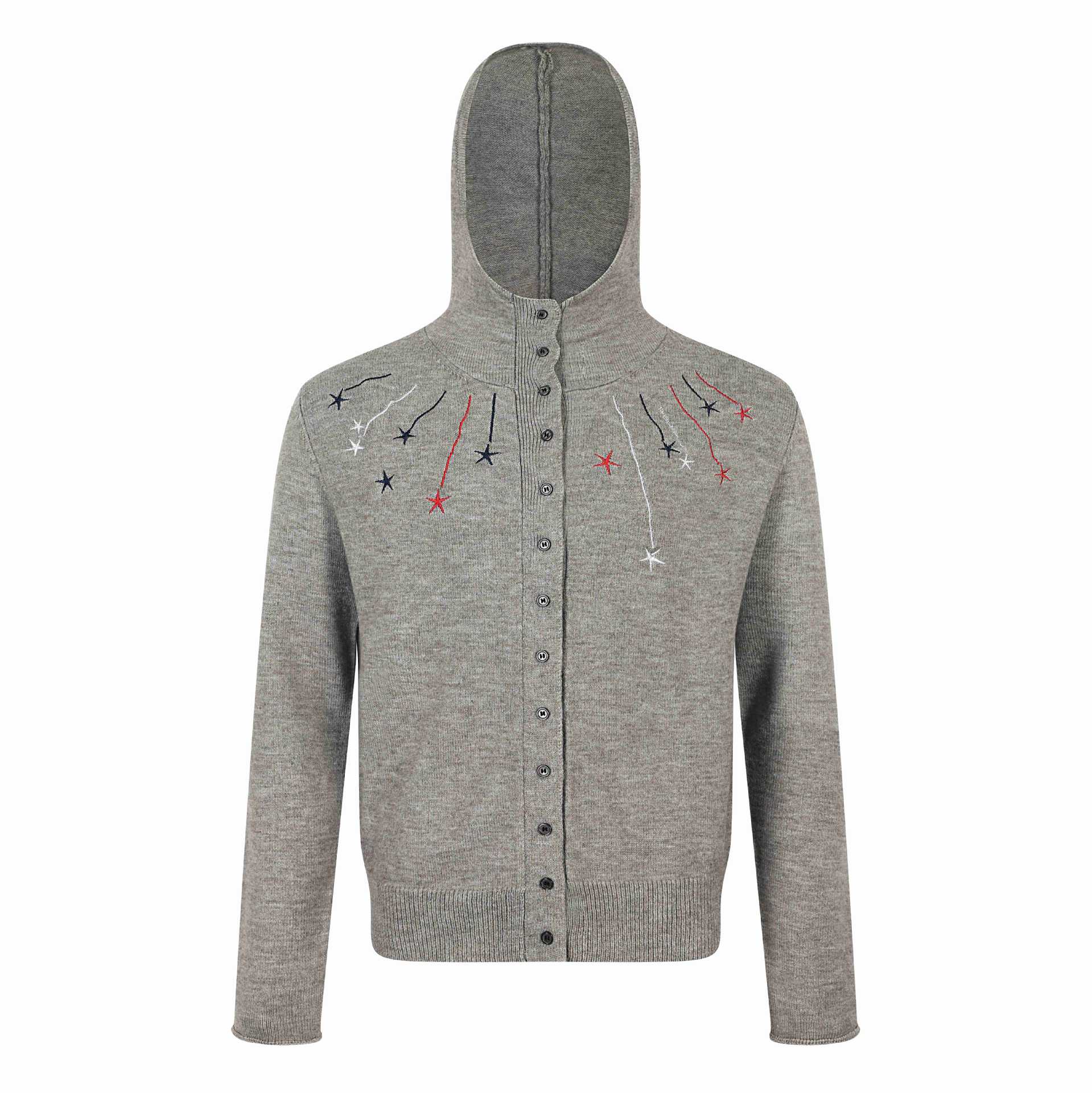 Women's fine knit cardigan with stand-up collar, star embroidery and full-length button placket Chichicherry