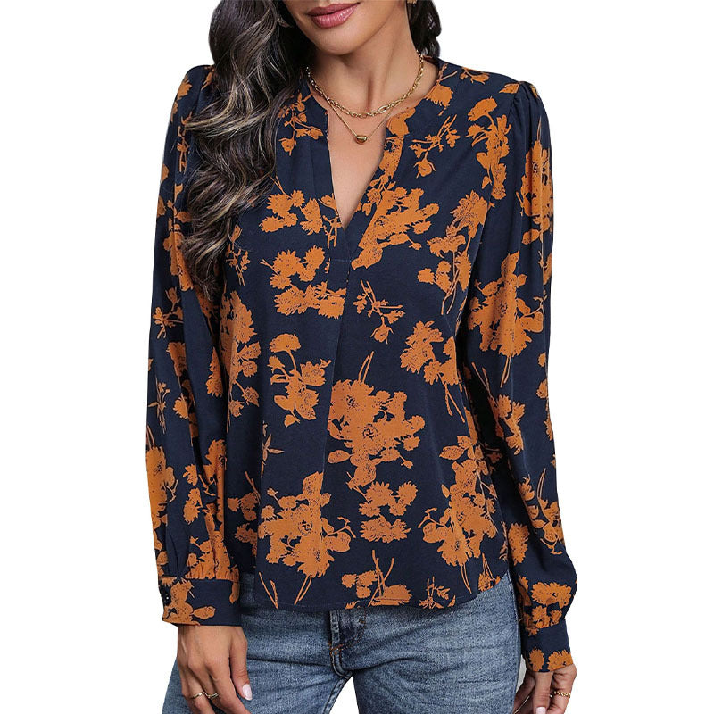 Ladies Casual Viscose Blouse with V-Neck, Floral Print and Balloon Sleeves Chichicherry