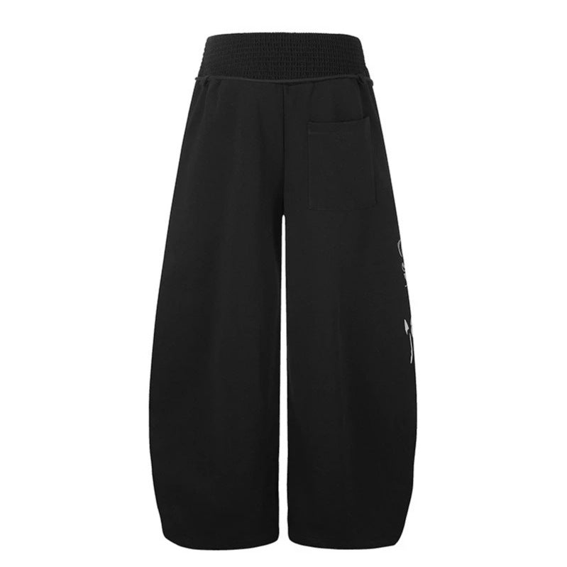 Women Extra Wide Balloon Palazzo Sweatpants with Ribbed Comfort Waistband, Drawstring and Typographic Gothic Print Chichicherry