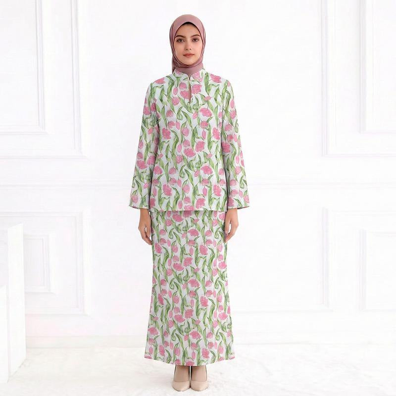 Ladies Two-Piece Modest Set consisting of Tunic with Stand-up Collar and Straight Maxi Skirt with Floral Print Chichicherry