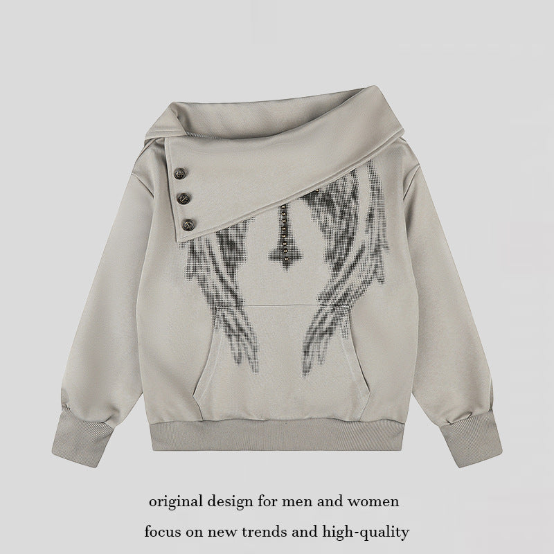 Women Asymmetric Sweatshirt with Wide Collar, Decorative Button Placket and Bead Application Chichicherry