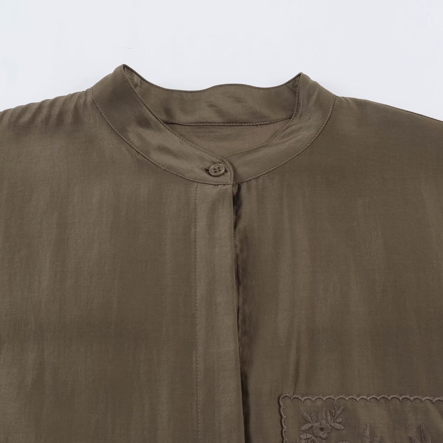 Women Oversized Silk Effect Shirt Blouse with Stand Collar and Embroidered Chest Pocket Chichicherry