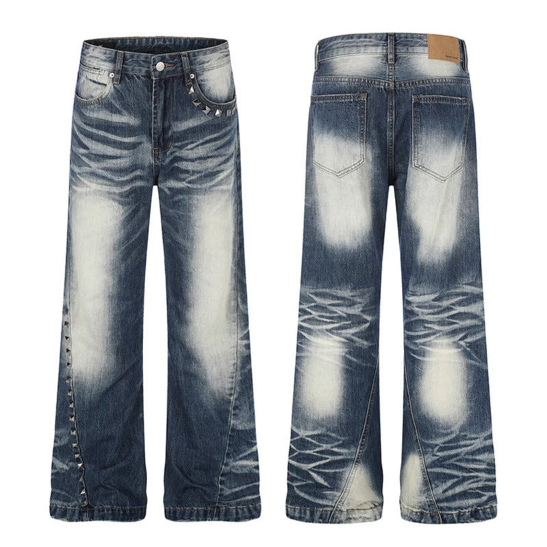 Women High-Waisted Wide Flare Jeans with Used Wash and Studded Trim Chichicherry