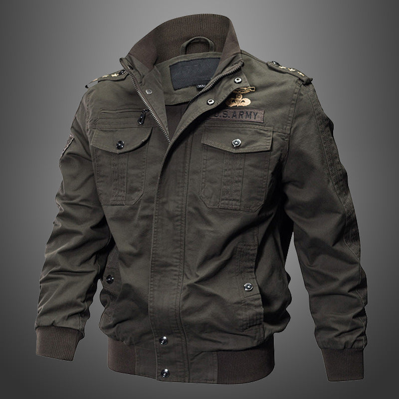Men's Short Blouson Canvas Field Jacket with Shoulder Epaulettes, Chest Flap Pockets, and Ribbed Hem Chichicherry