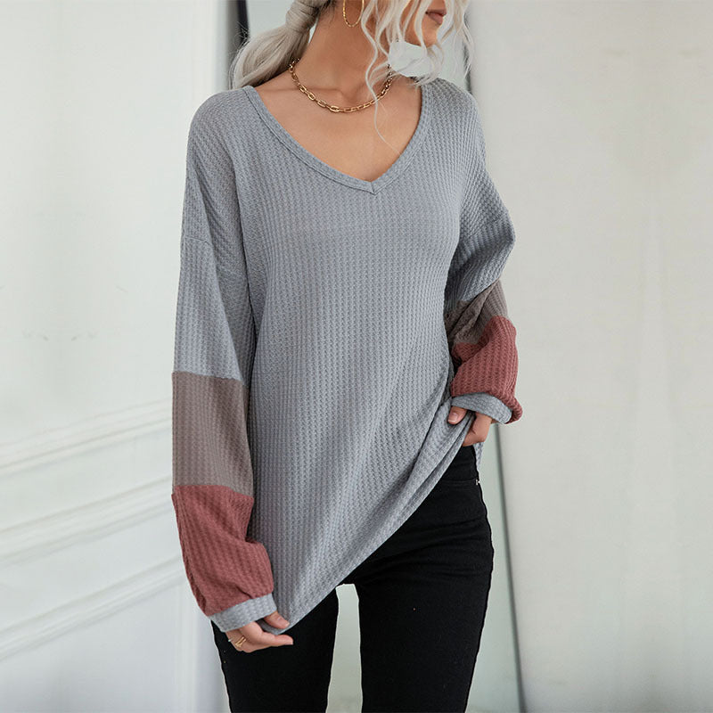 Women's Loose Waffle Knit Shirt with V-Neck and Colorblock Sleeves Chichicherry