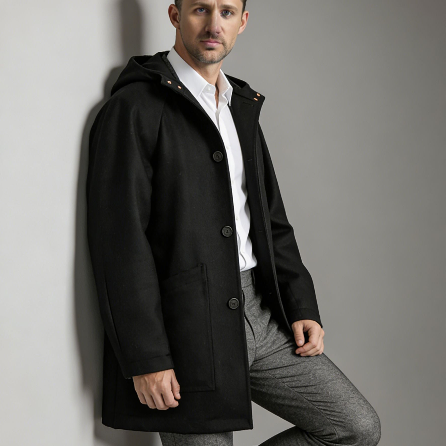 Men Tailored Wool Blend Coat with Hood and Concealed Button Placket Chichicherry