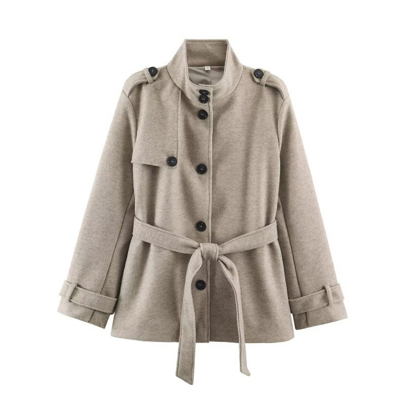 Women Short fitted coat with stand-up collar, shoulder straps and tie belt Chichicherry