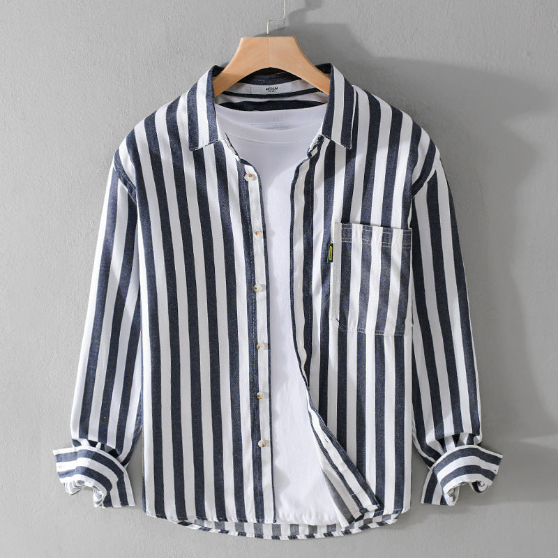Men's maritime-inspired striped relaxed overshirt made of soft cotton twill with a patch chest pocket Chichicherry