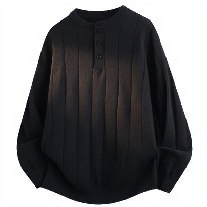 Unisex Oversized Strukturierter Henley-Strickpullover mit vertikaler Rippenstruktur und halber Knopfleiste Chichicherry
