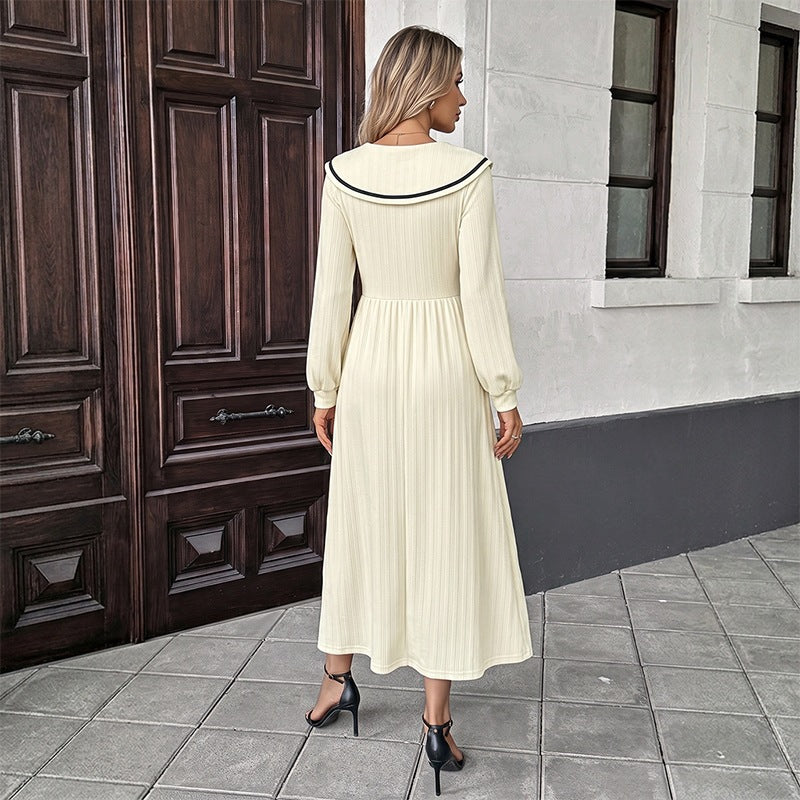 Women's maxi dress with sailor collar, fine ribbed knit and tailored silhouette Chichicherry