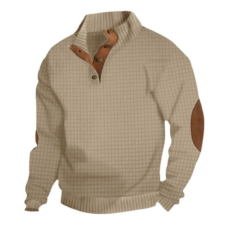 Men's chunky knit turtleneck with cable pattern, stand-up collar and leather elbow patches Chichicherry
