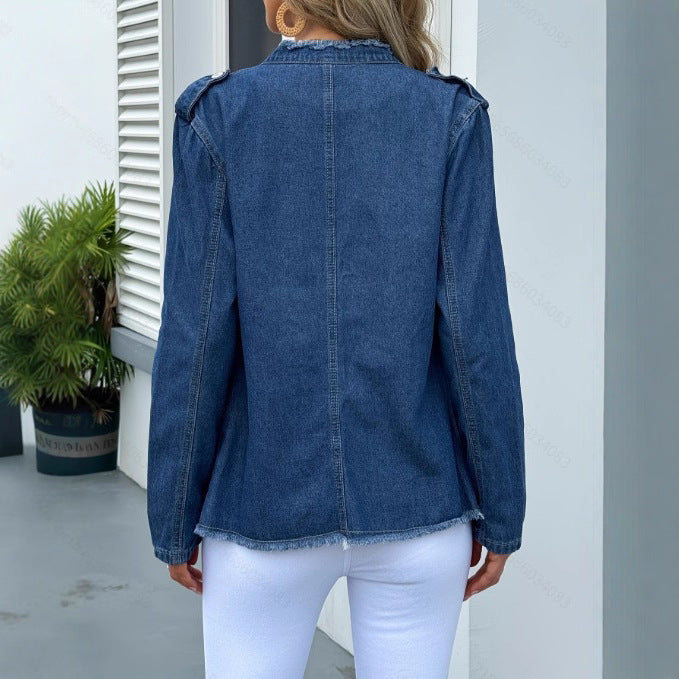 Women's tailored denim jacket with fringe trim and decorative button placket Chichicherry