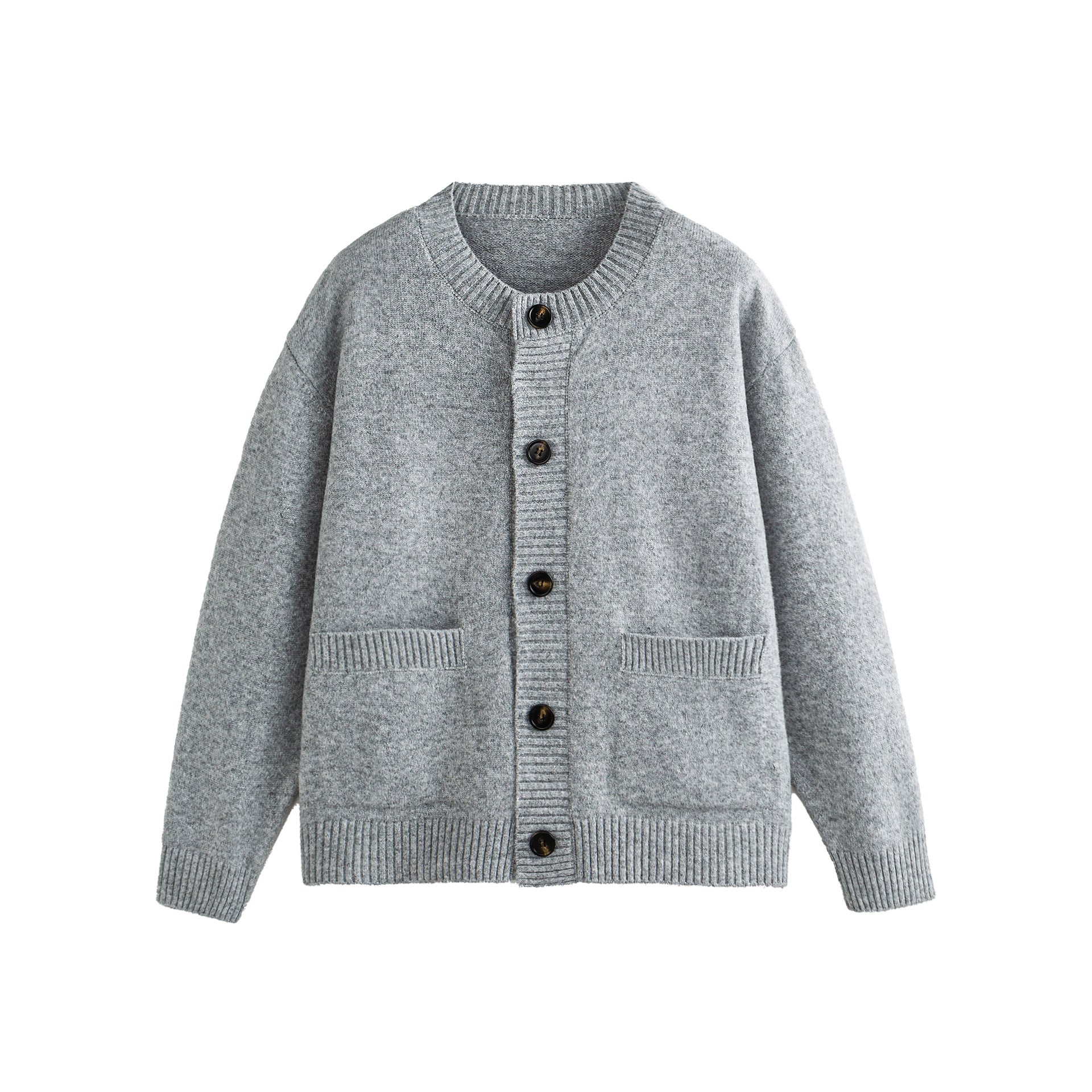 Unisex Chunky Knit Boxy Cardigan with Button Placket, Round Neck and Patch Pockets Chichicherry
