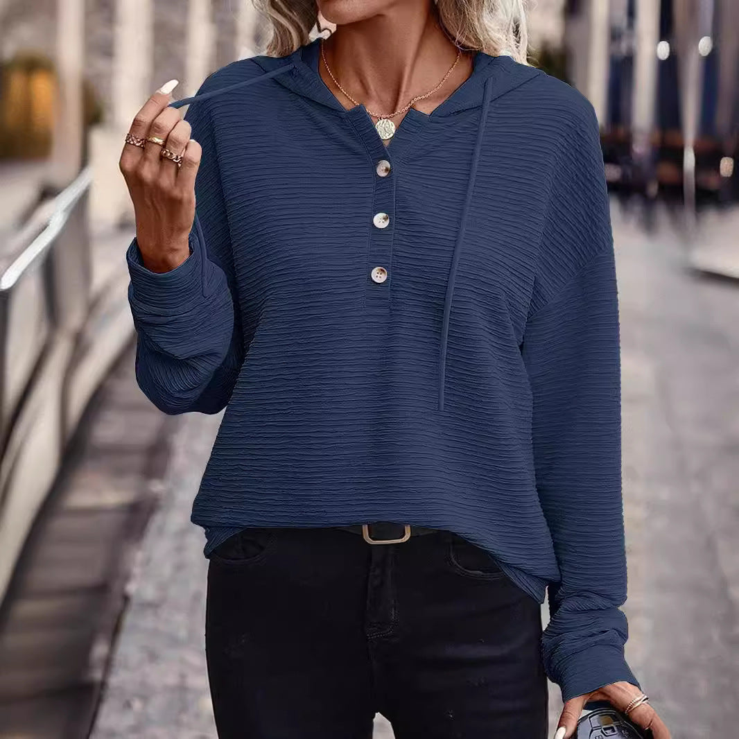 Ladies Textured Hooded Henley Sweater with Button Placket Chichicherry