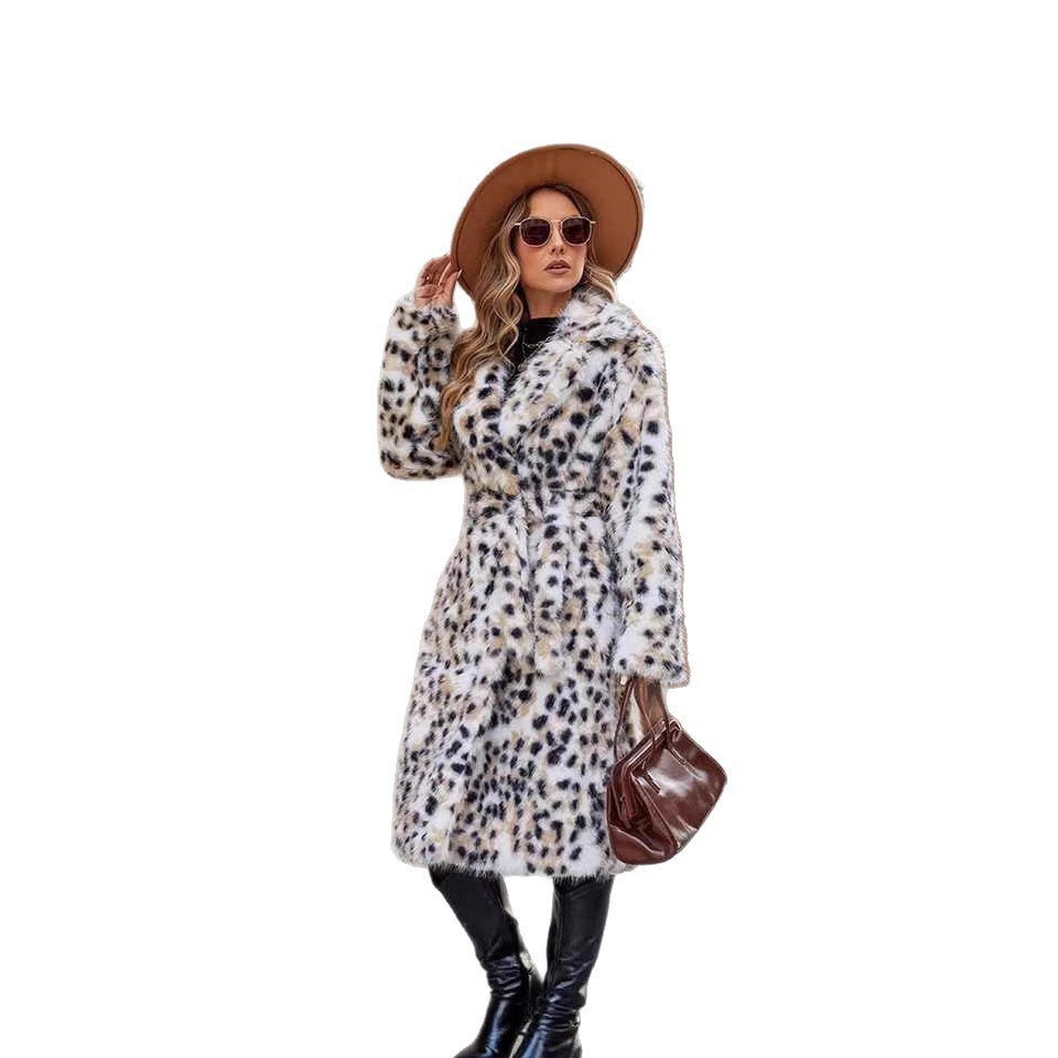 Ladies Midi Faux Fur Coat with Leopard Print, Tailored Tie Belt and Shawl Collar Chichicherry