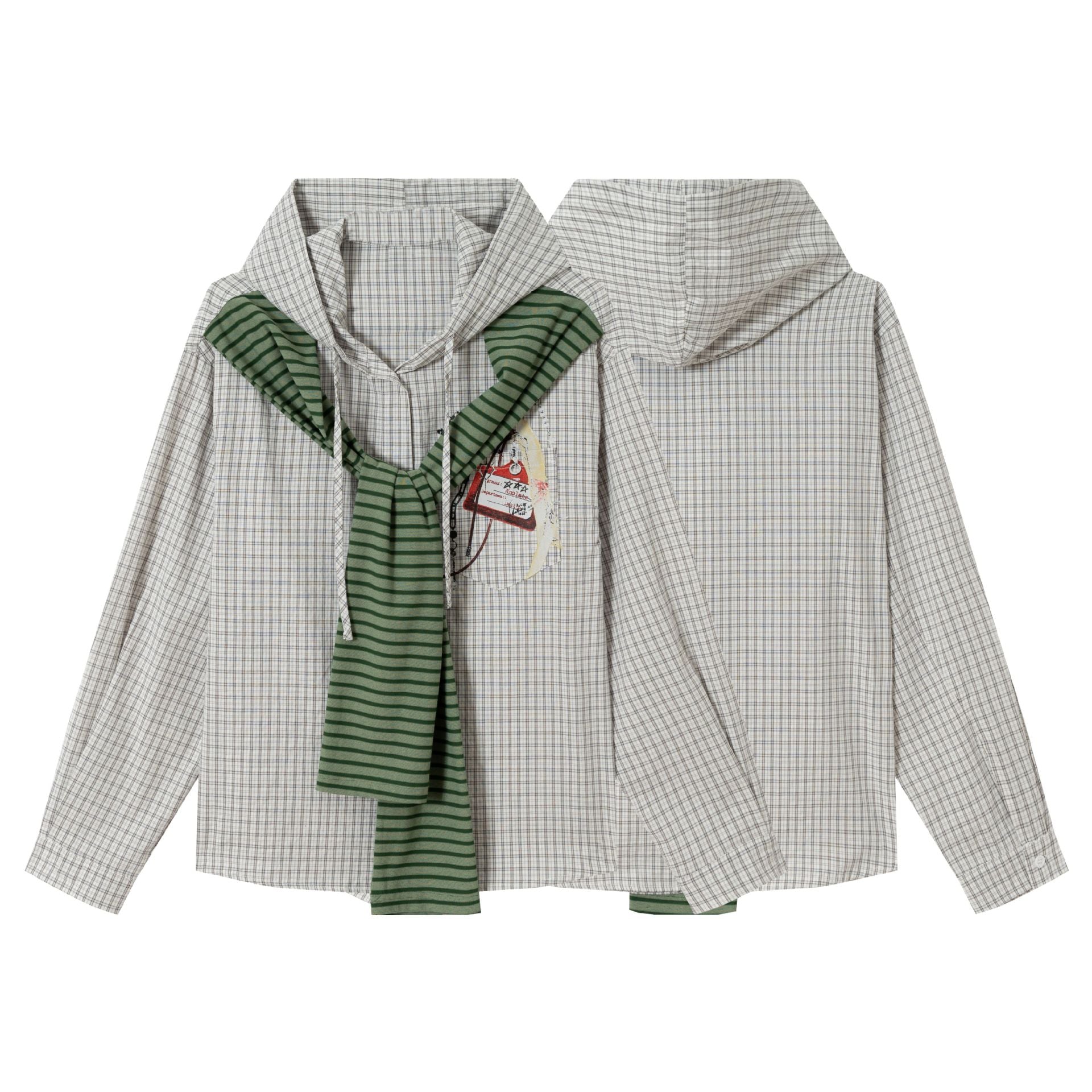 Women's Oversize Shirt Jacket with Hood, Attached Knit Scarf and Chest Patch Chichicherry