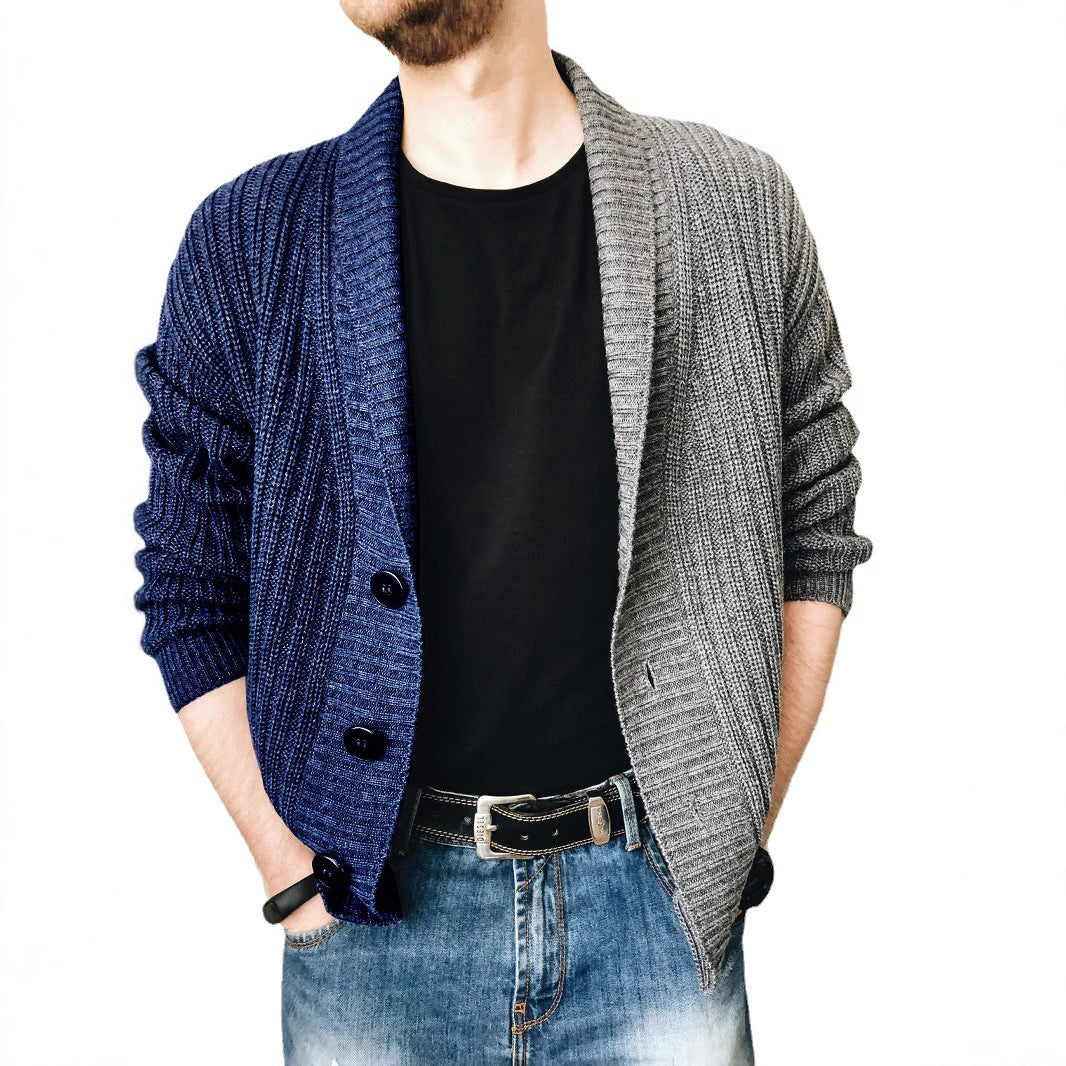 Men's chunky knit cardigan with shawl collar, ribbed texture and distinctive buttons Chichicherry