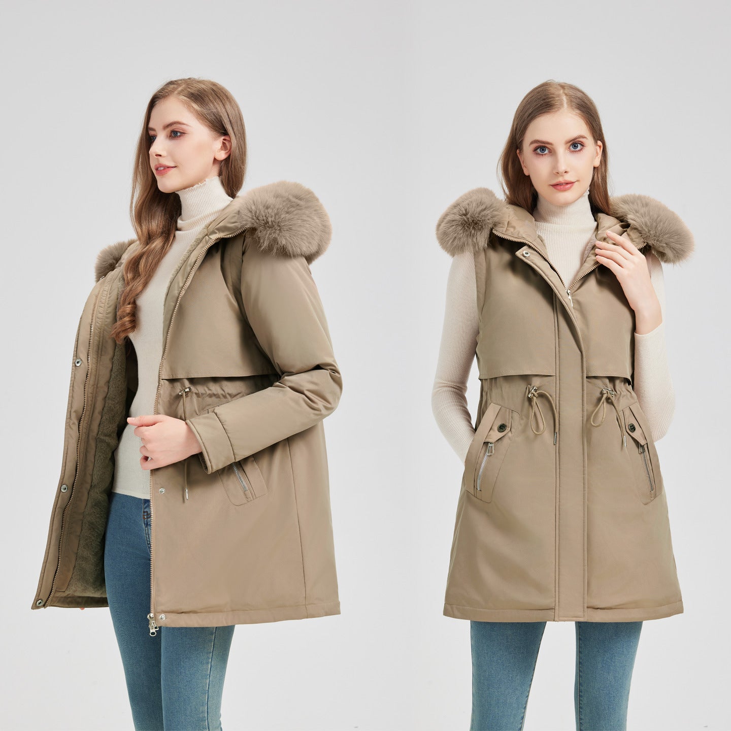 Women's tailored functional parka with asymmetrical front flap, adjustable drawstring, and wind-resistant stand-up collar Chichicherry