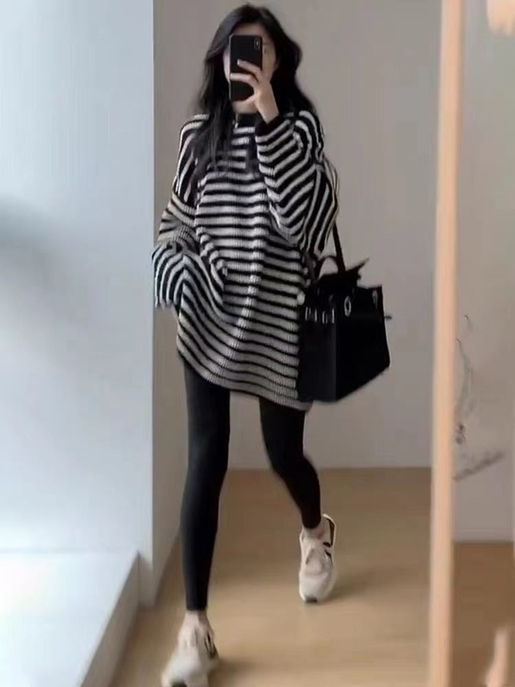 Women's Oversize Knit Long Sweater with Horizontal Stripe Structure Chichicherry