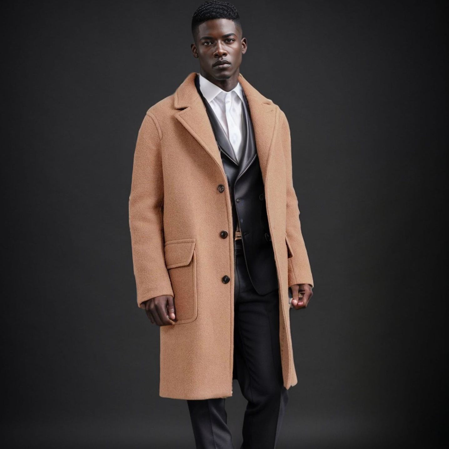 Men's Mid-Length Teddy Wool Coat with Patch Pockets and Stand Collar Chichicherry