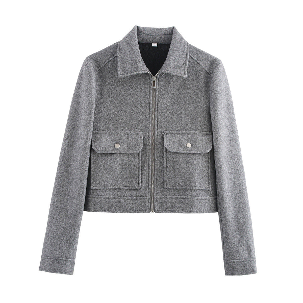 Women short cut wool mix jacket with shirt collar, zipper and patch flap pockets Chichicherry