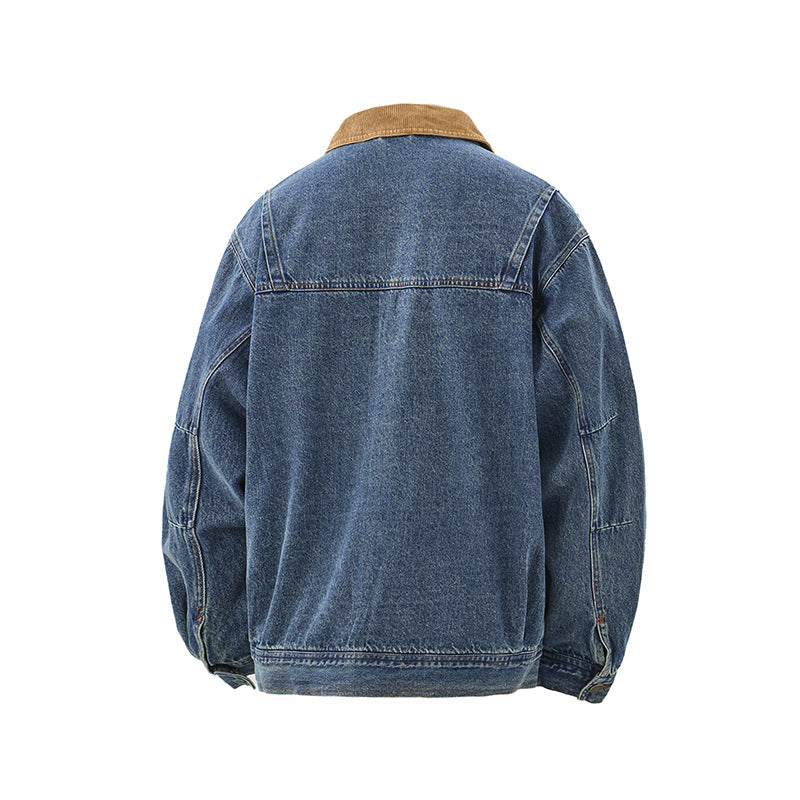Men's Boxy Denim Blouson Jacket with Cord Collar and Multi-Function Flap Pockets Chichicherry