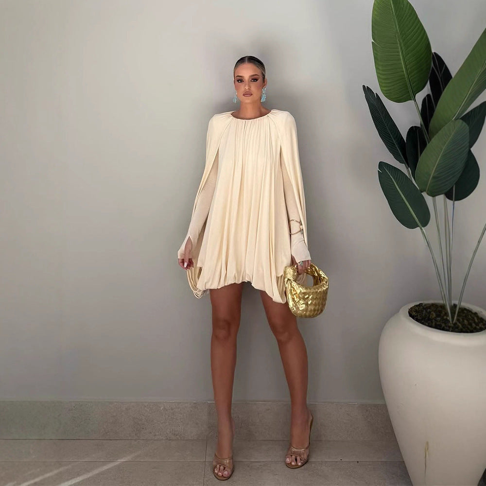 Women Pleated Cocktail Mini Dress with Long Fitted Sleeves and Ballooned Hem Chichicherry