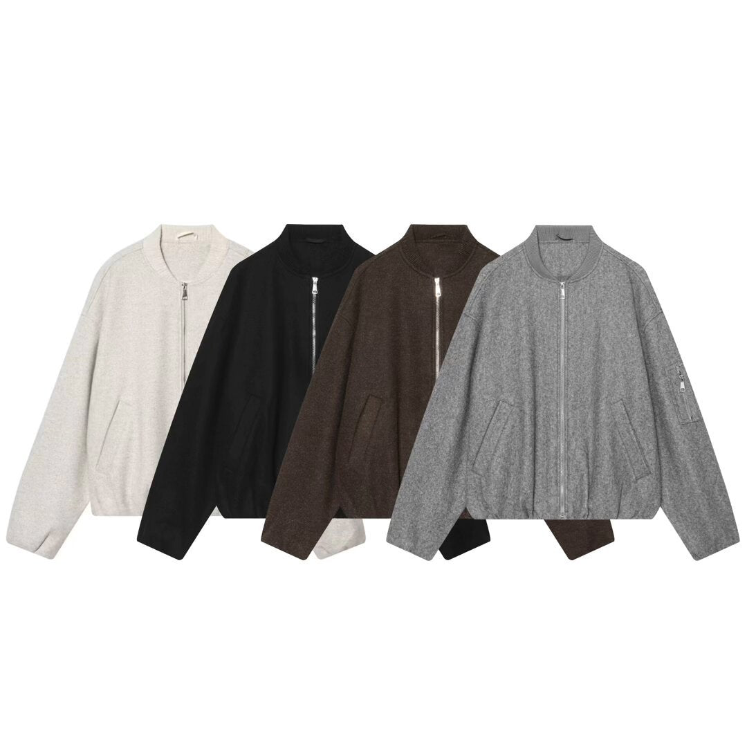 Women's Wool Blend Bomber Jacket in Oversized Boxy Cut with Zipper and Arm Pocket Chichicherry