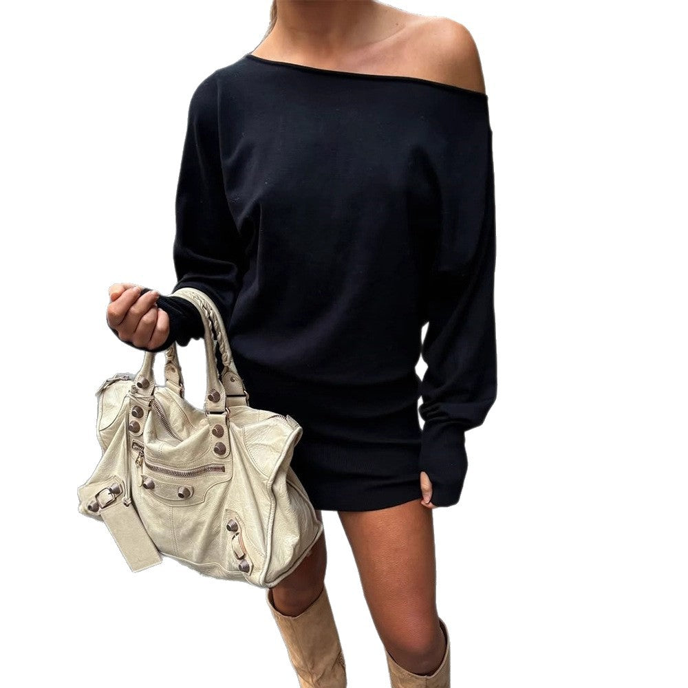 Women Oversized Off-Shoulder Fine Knit Set with Long Sleeve Sweater and Fitted Mini Skirt Chichicherry