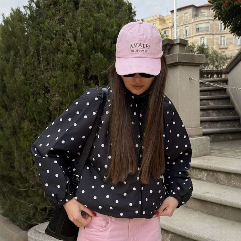 Women's Dotted Lightweight Bomber Jacket with Stand Collar, Zipper and Elastic Hem Chichicherry