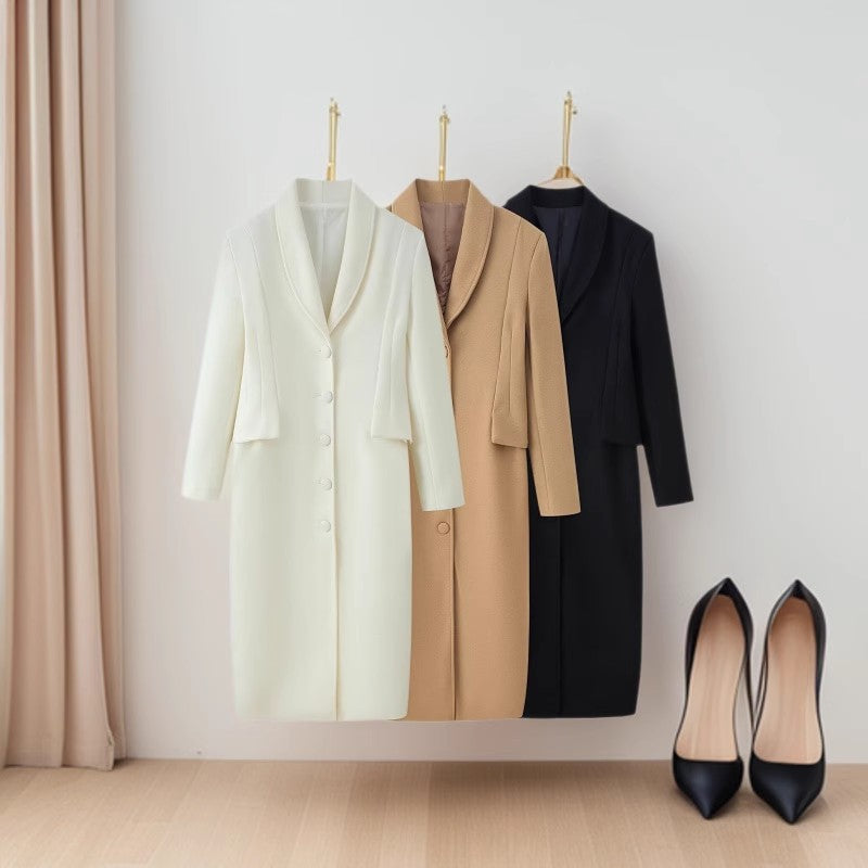 Women's Tailored Longline Wool Blend Coat with Shawl Collar and Concealed Button Placket Chichicherry
