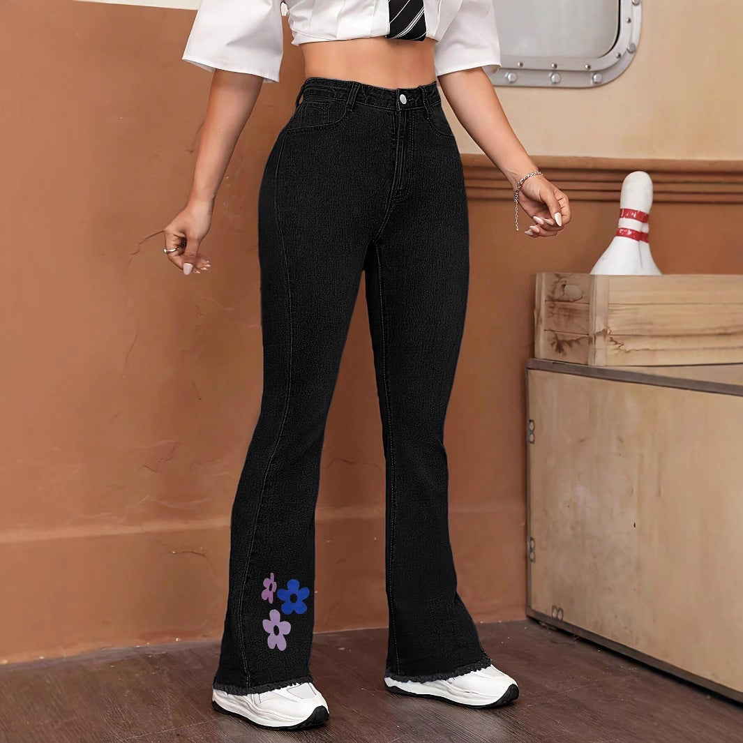 Women's High-Waist Denim Jeans with Slightly Flared Leg and Floral Print Chichicherry