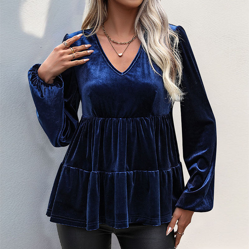 Women's velvet tunic with V-neck, tiered skirt look and balloon sleeves Chichicherry