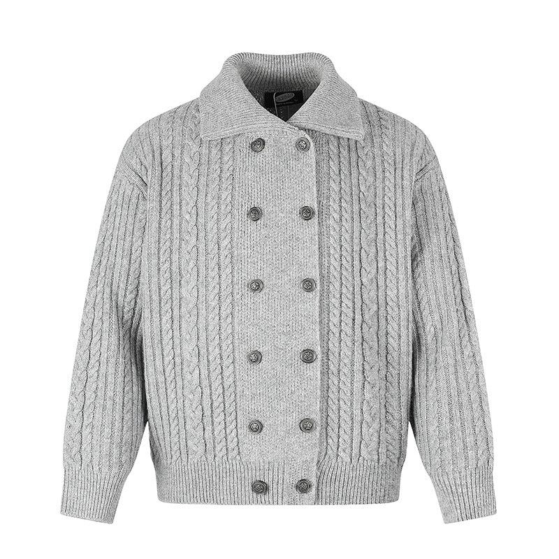 Women's Double-Breasted Cable Knit Cardigan with Shirt Collar and Ribbed Cuffs Chichicherry
