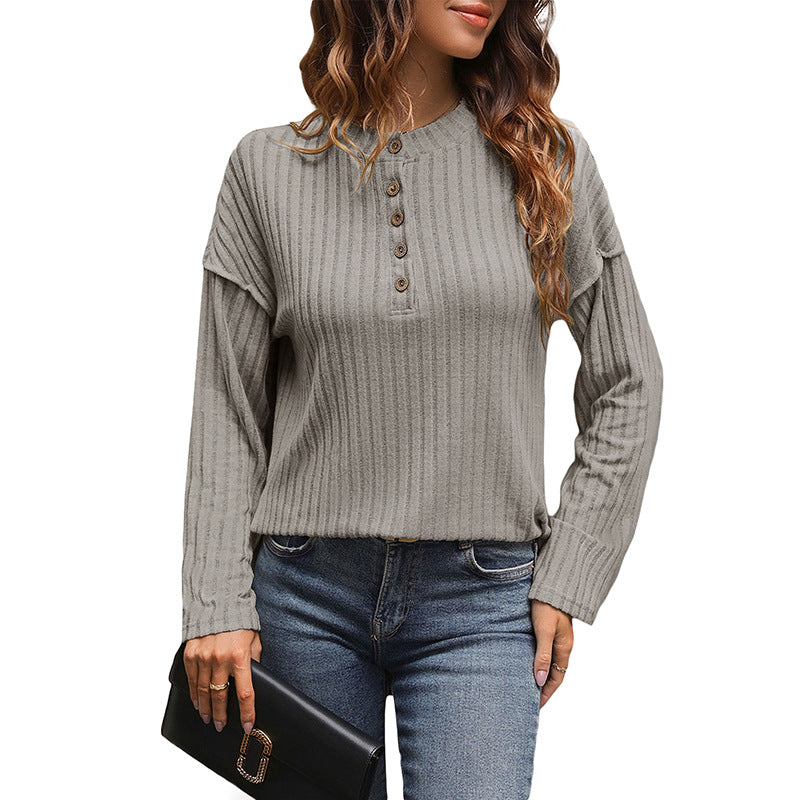 Women Ribbed Henley Sweater with Button Placket and Dropped Shoulder Chichicherry