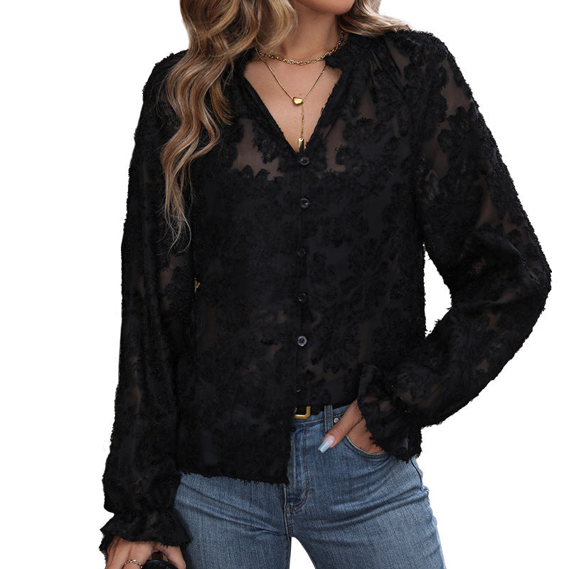 Women's Transparent Blouse with Floral Chenille Appliqué, Button Placket and Ruffled Cuffs Chichicherry