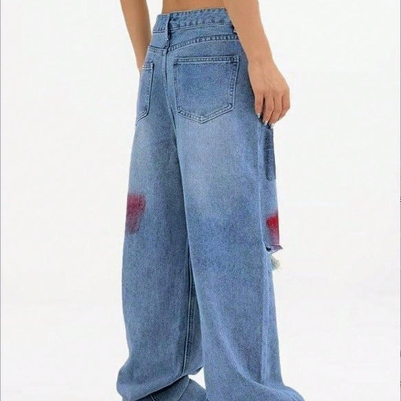 Women's wide Denim jeans with paint splatter and distressed knees Chichicherry