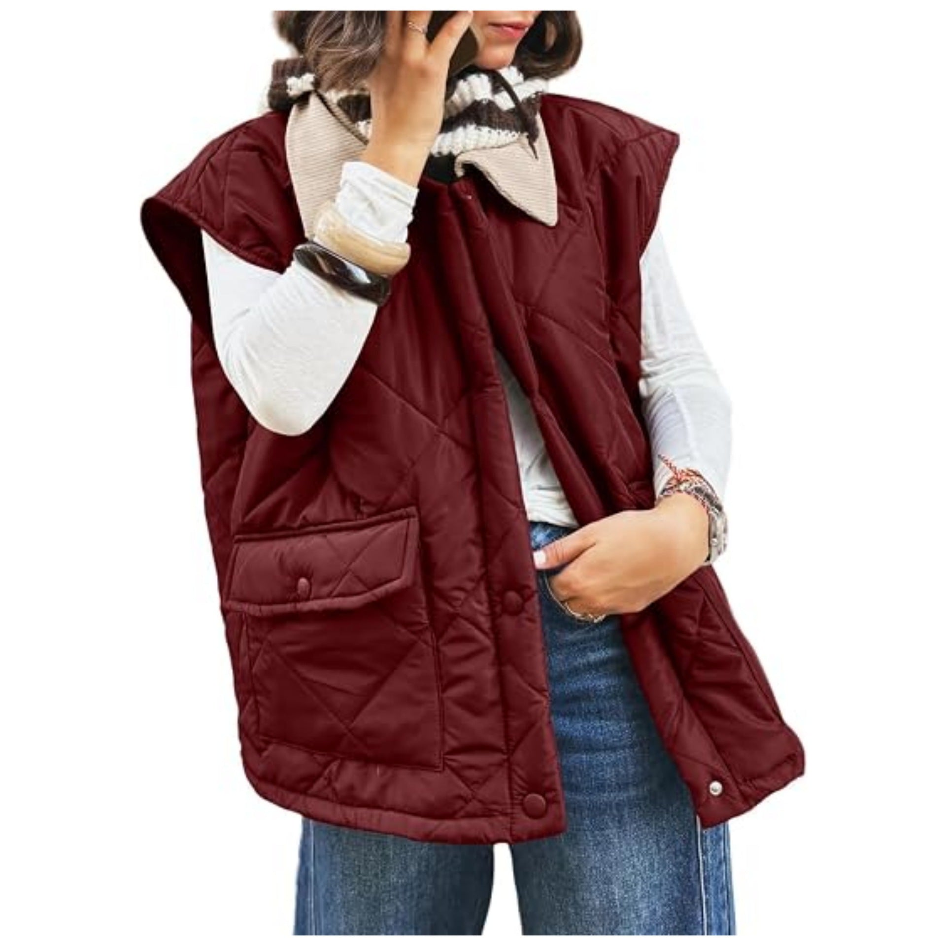 Women's Oversize Padded Vest with Snap Pockets and High Collar Chichicherry