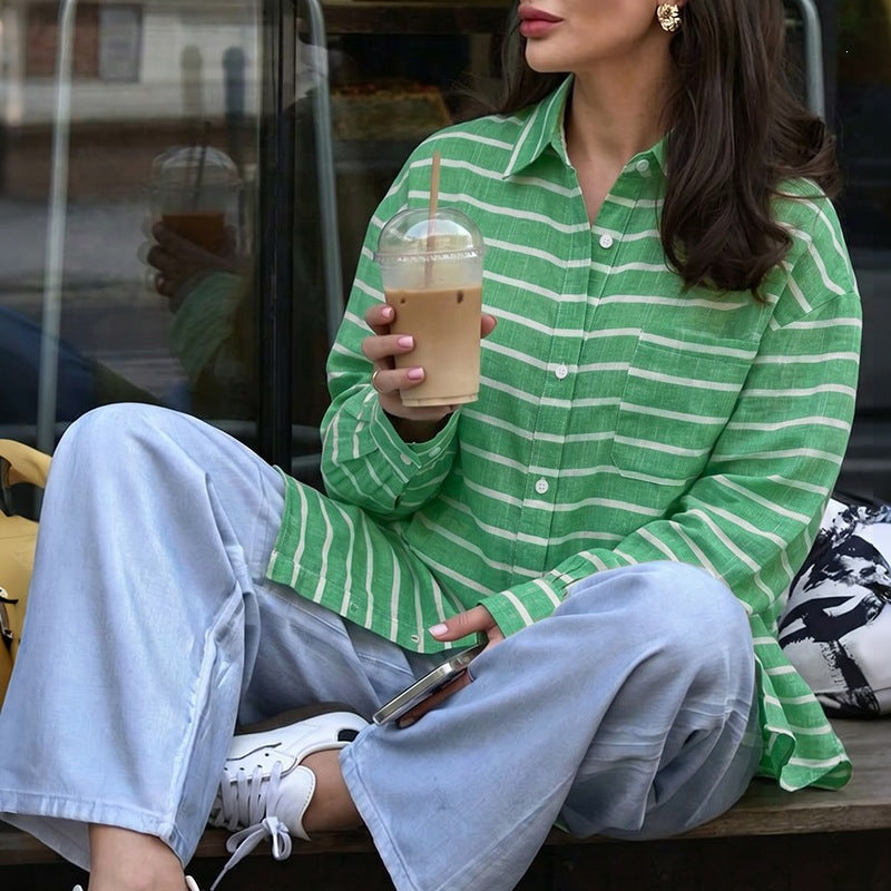 Women's Casual Linen Look Shirt Blouse with Stripes, Oversized Fit and Chest Pocket Chichicherry