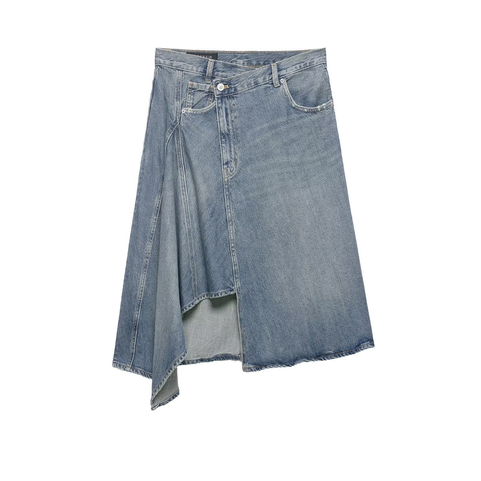 Women's Asymmetrical Denim Wrap Skirt with Inserts and Pockets Chichicherry