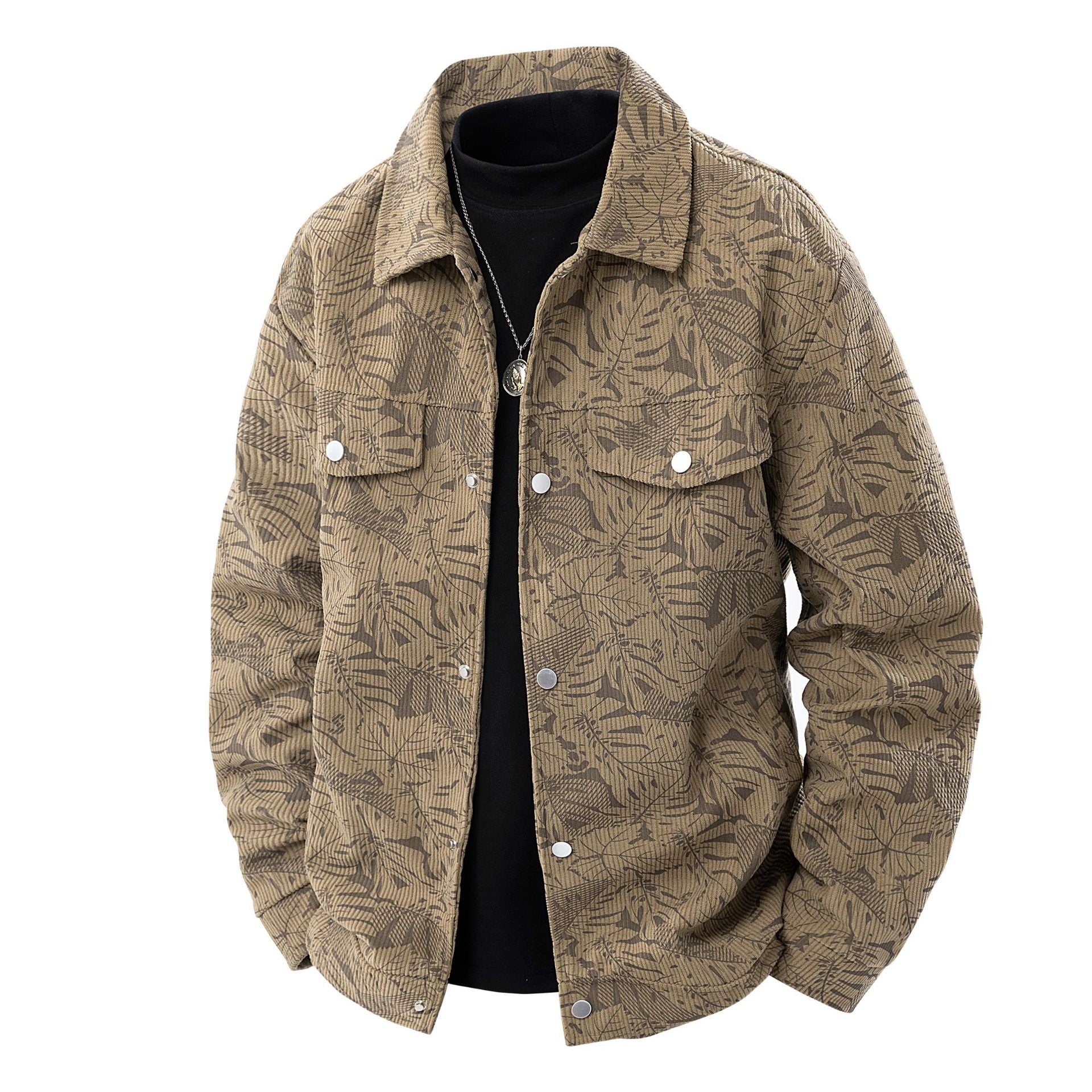 Men's cord jacket in trucker style with tonal leaf pattern, snap-button front and flap pockets Chichicherry