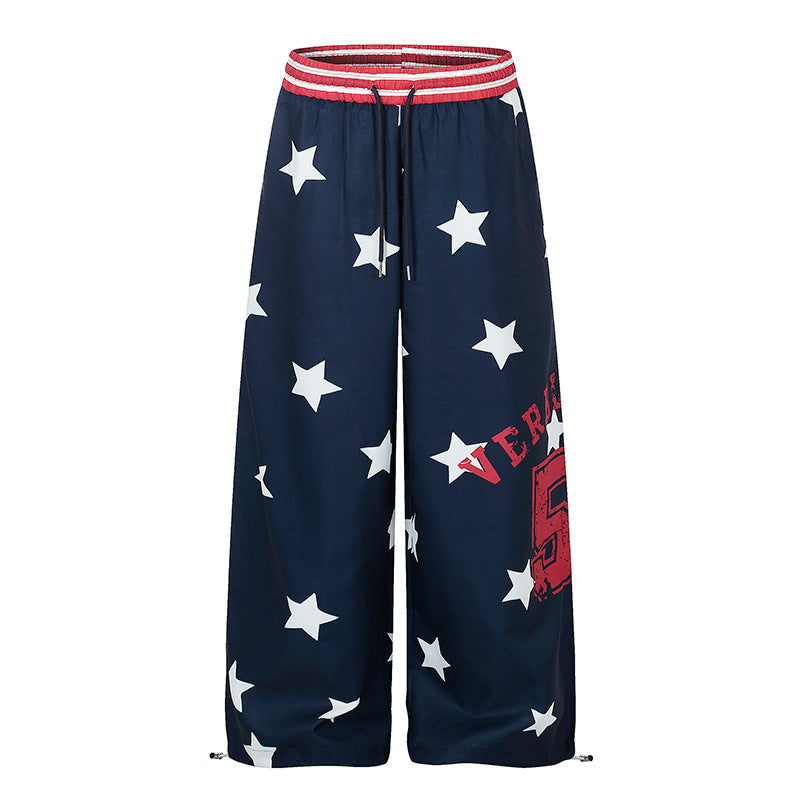 Ladies Palazzo Lounge Pants in Athleisure Style with Star Allover, High Ribbed Waistband and Statement Print Chichicherry