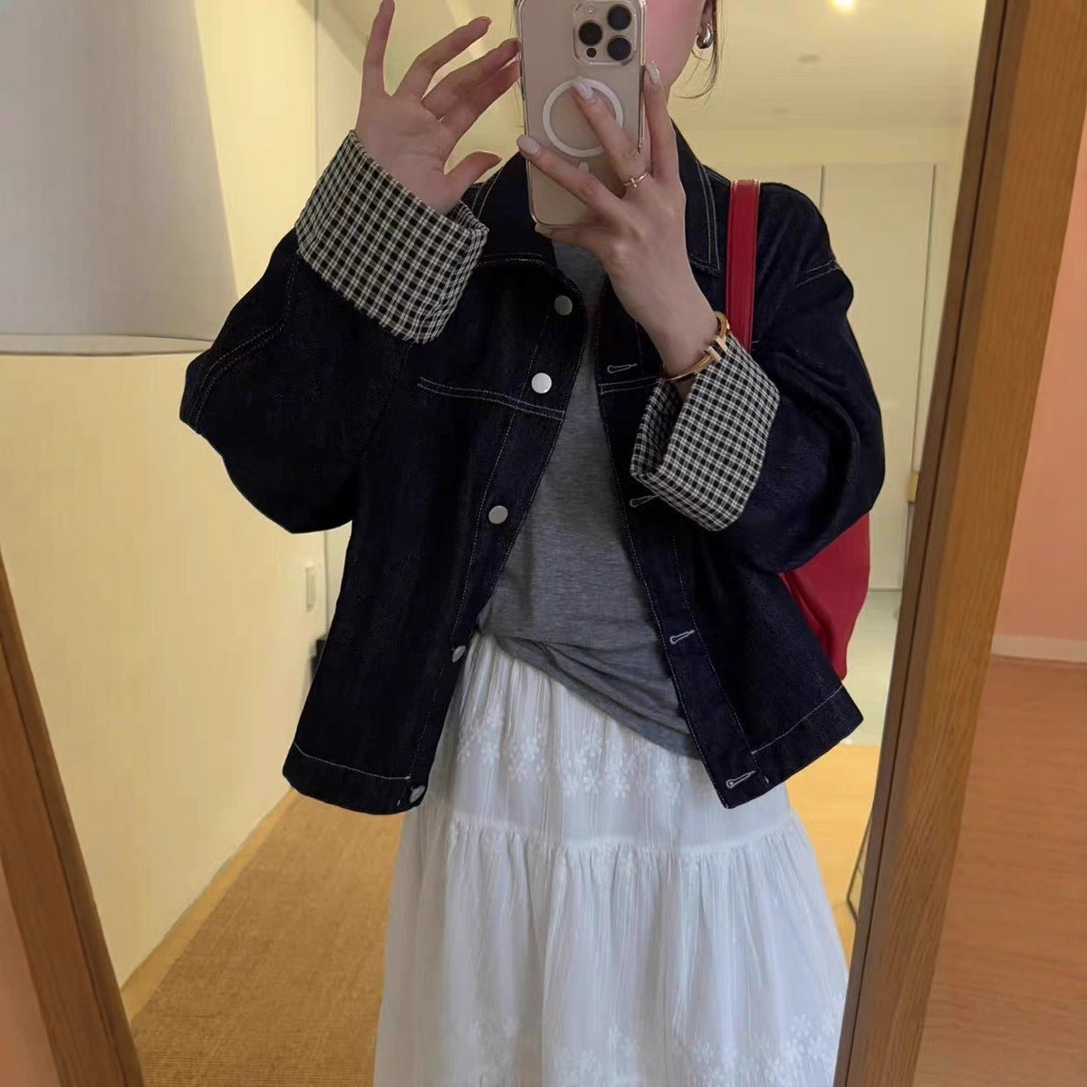 Women Oversized Denim Jacket with Contrasting Check Lining and Cuff Roll Chichicherry