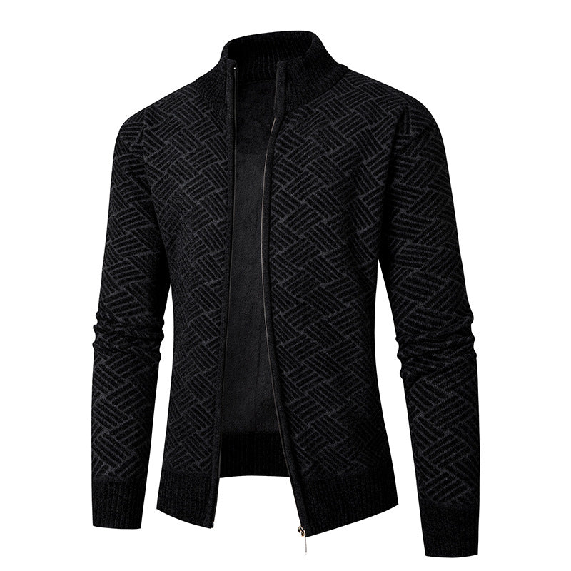Men's Thermal Knit Jacket with Full Zip, Lined Stand-Up Collar and Geometric Structure Pattern Chichicherry