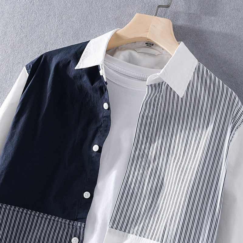 Men's Contrasted Patchwork Shirt with Block and Pinstripes Chichicherry